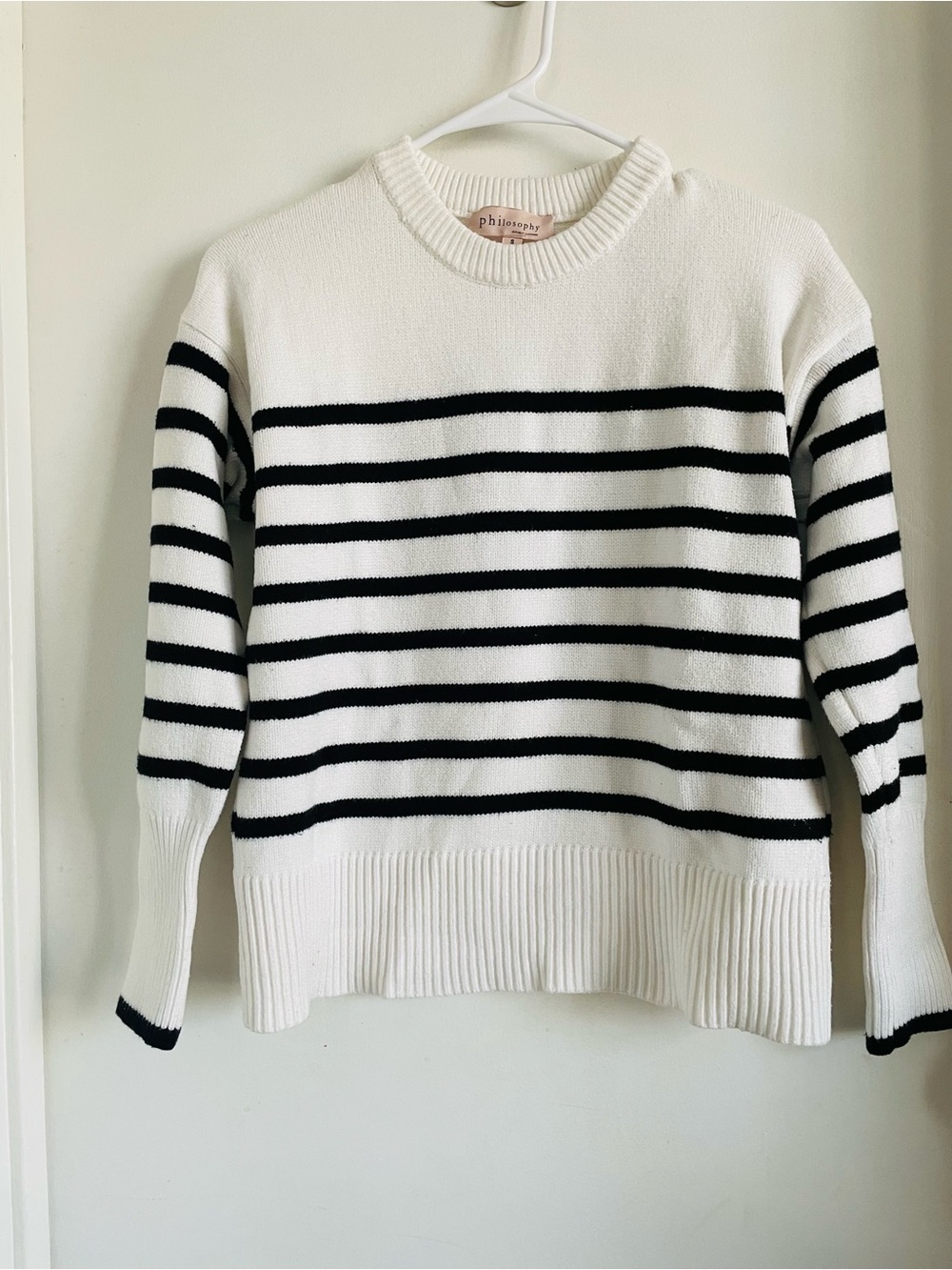 Philosophy White Crewneck Sweater with Black Stripes
